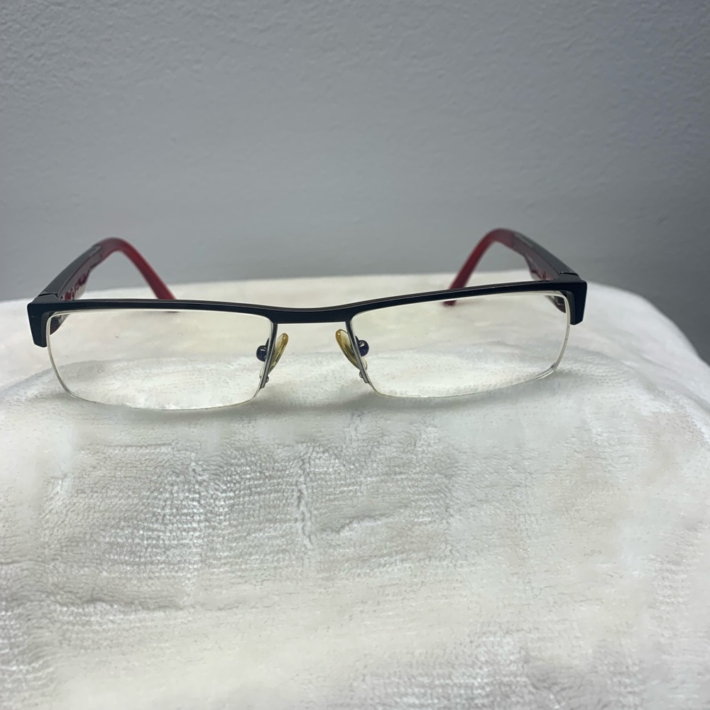 Semi-Rimless Women's Eyeglasses in Black with Red Temples